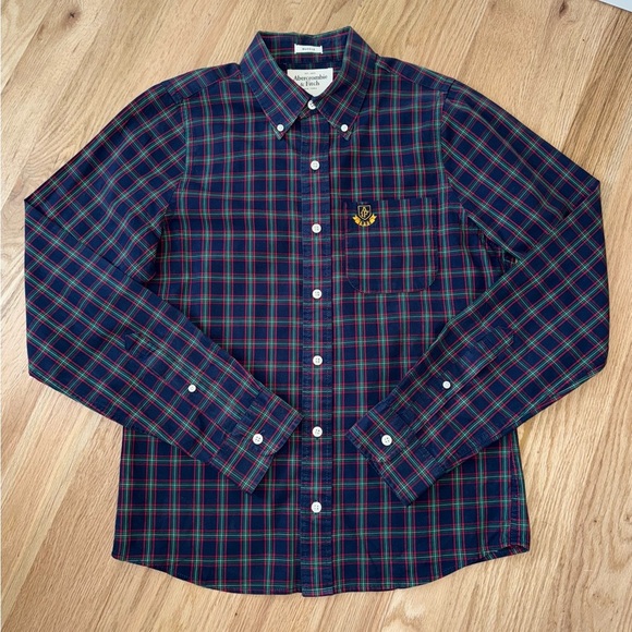 Abercrombie & Fitch Cotton Muscle Button Down Collared Shirt Tartan Plaid Navy M - Picture 1 of 9